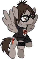 Size: 844x1300 | Tagged: safe, artist:lightningbolt, derpibooru import, ponified, pegasus, pony, .svg available, clandestine industries, clothes, derpibooru exclusive, flying, frown, glasses, hood, hoodie, image, jewelry, male, mikey way, my chemical romance, necklace, png, rolled up sleeves, simple background, solo, spread wings, stallion, transparent background, vector, wings, wristband