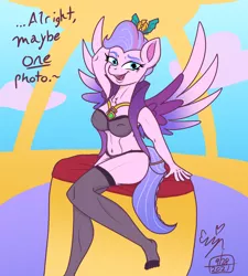 Size: 2700x3000 | Tagged: suggestive, artist:erenerakhard, artist:erynerikard, derpibooru import, queen haven, anthro, pegasus, plantigrade anthro, my little pony: a new generation, bra, clothes, crown, digital art, feet, female, g5, image, jewelry, lidded eyes, lingerie, midriff, milf, open mouth, panties, png, posing for photo, regalia, socks, solo, stockings, thigh highs, underwear, wings