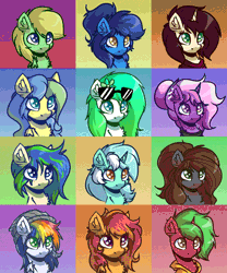 Size: 1000x1200 | Tagged: safe, artist:witchtaunter, derpibooru import, lyra heartstrings, oc, oc:amber steel, oc:gumdrop, oc:lemming, earth pony, pegasus, pony, unicorn, animated, beanie, blinking, chest fluff, commission, ear fluff, ear piercing, ear twitch, earring, gif, gradient background, hat, image, jewelry, piercing, sunglasses, ych animation, ych result