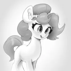 Size: 2272x2268 | Tagged: safe, artist:xbi, derpibooru import, oc, oc:brownie bun, unofficial characters only, earth pony, pony, female, gradient background, grayscale, image, mare, monochrome, png, simple background, solo