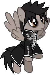 Size: 871x1314 | Tagged: safe, artist:lightningbolt, derpibooru import, ponified, pegasus, pony, .svg available, clandestine industries, clothes, derpibooru exclusive, eyeliner, eyeshadow, flying, frown, image, jacket, makeup, male, mikey way, my chemical romance, png, simple background, solo, spread wings, stallion, the black parade, transparent background, vector, wings