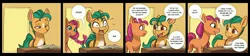 Size: 3338x751 | Tagged: safe, artist:siroc, derpibooru import, hitch trailblazer, sunny starscout, earth pony, 4 panel comic, book, comic, g5, image, implied hitchpipp, implied onlyfans, implied pipp petals, jpeg, nervous, open mouth, reading, speech bubble, sweat, sweatdrops
