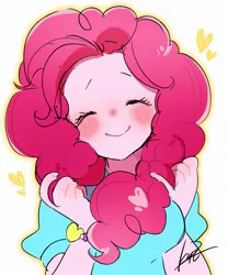 Size: 1707x2048 | Tagged: safe, artist:ku_rimo, derpibooru import, pinkie pie, equestria girls, blushing, bust, cute, diapinkes, eyes closed, female, heart, image, jpeg, simple background, smiling, solo, white background