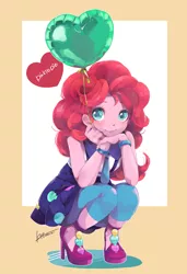 Size: 1401x2048 | Tagged: safe, artist:ku_rimo, derpibooru import, pinkie pie, equestria girls, friendship games, balloon, clothes, cute, diapinkes, dress, heart, heart balloon, high heels, image, jpeg, looking at you, school spirit, shoes, solo, squatting