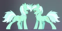 Size: 1843x934 | Tagged: safe, artist:xbi, derpibooru import, lyra heartstrings, pony, unicorn, female, gradient background, image, looking at each other, mare, png, self ponidox, symmetrical