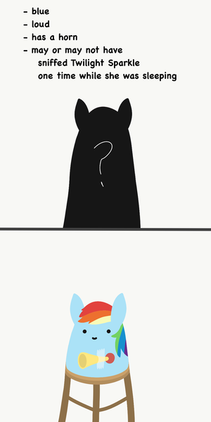 Size: 1024x2048 | Tagged: safe, artist:2merr, ponerpics import, rainbow dash, :), 2 panel comic, blob ponies, comic, dot eyes, drawn on phone, drawthread, female, horn, image, implied twilight sparkle, musical instrument, png, pun, simple background, smiley face, smiling, solo, stool, tape, text, white background