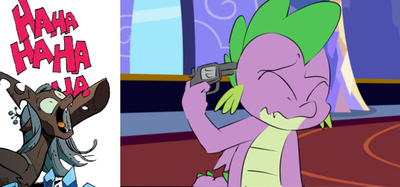 Size: 1067x499 | Tagged: semi-grimdark, artist:emositecc, derpibooru import, queen chrysalis, spike, changeling, changeling queen, dragon, abuse, cadance laughs at your misery, chrysalis laughs at your misery, exploitable meme, eyes closed, female, funny, gun, handgun, image, laughing, male, meme, obligatory pony, op isn't even trying anymore, png, revolver, sad, spikeabuse, suicide, weapon