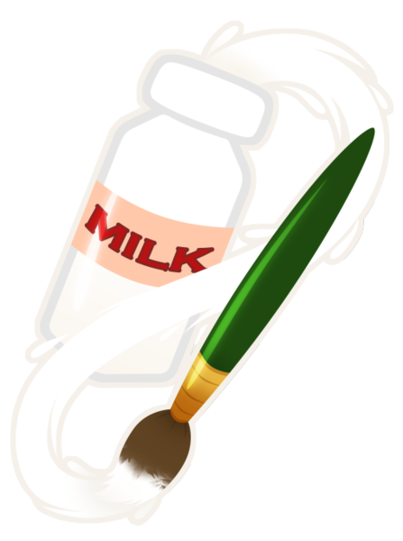 Size: 509x683 | Tagged: source needed, safe, artist:moonfox, derpibooru import, oc, oc:alexis chernisky, oc:creamy canvas, cutie mark, high res, image, milk, milk bottle, milkmare, paint, paintbrush, png, simple background, transparent background