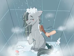 Size: 1024x768 | Tagged: safe, artist:valkiria, derpibooru import, marble pie, earth pony, human, pony, blushing, brushie, cute, eye clipping through hair, eyebrows, eyebrows visible through hair, eyes closed, female, image, marblebetes, png, pony pet, shower, soap bubble, solo