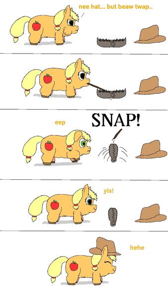 Size: 1080x1920 | Tagged: semi-grimdark, artist:sunlightsunshine, derpibooru import, applejack, fluffy pony, applejack's hat, beartrap, clever girl, cowboy hat, fluffyjack, fluffy pony original art, hat, hugbox, image, jpeg