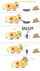 Size: 1080x1920 | Tagged: semi-grimdark, artist:sunlightsunshine, derpibooru import, applejack, fluffy pony, applejack's hat, beartrap, clever girl, cowboy hat, fluffyjack, fluffy pony original art, hat, hugbox, image, jpeg