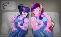 Size: 2835x1730 | Tagged: suggestive, artist:ponymaan, derpibooru import, princess cadance, sci-twi, twilight sparkle, equestria girls, abs, absurd resolution, bodybuilder, breasts, busty princess cadance, clothes, commission, dean ca-dense, dean cadance, duo, female, fetish, glasses, gritted teeth, image, muscle fetish, muscles, muscular female, png, princess ca-dense, shorts, solo, solo female, sports bra, sports shorts, sweat, weight lifting, workout