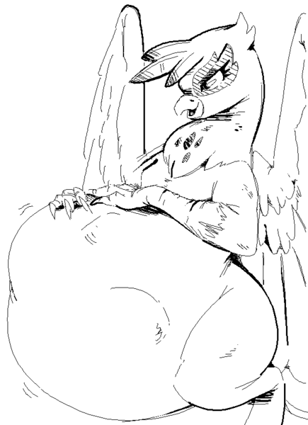Size: 616x849 | Tagged: questionable, artist:breakersunny, derpibooru import, gilda, gryphon, abdominal bulge, black and white, female, grayscale, image, monochrome, open mouth, open smile, png, simple background, smiling, vore, white background, wings