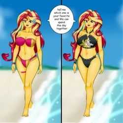 Size: 3000x3000 | Tagged: suggestive, artist:chuyryu, derpibooru import, sunset shimmer, equestria girls, barefoot, beach, beach babe, beach shorts swimsuit, bikini, bikini babe, bracelet, breasts, busty sunset shimmer, cleavage, clothes, commission, comparison, duality, feet, female, image, jewelry, looking at you, open mouth, open smile, png, smiling, smiling at you, solo, solo female, speech bubble, sunset shimmer's beach shorts swimsuit, swimsuit, talking to viewer