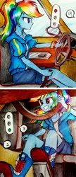 Size: 2189x5078 | Tagged: safe, artist:liaaqila, derpibooru import, rainbow dash, equestria girls, boots, car, clothes, driving, grin, hoodie, image, jpeg, pedal, ponytail, red light, shoes, smiling, traffic light