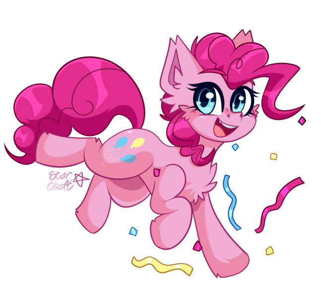 Size: 2221x2060 | Tagged: safe, artist:star-theft, derpibooru import, pinkie pie, earth pony, pony, cheek fluff, chest fluff, confetti, cute, cute little fangs, diapinkes, ear fluff, fangs, female, high res, image, mare, open mouth, png, simple background, solo, streamers, transparent background