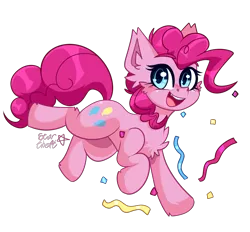 Size: 2221x2060 | Tagged: safe, artist:star-theft, derpibooru import, pinkie pie, earth pony, pony, cheek fluff, chest fluff, confetti, cute, cute little fangs, diapinkes, ear fluff, fangs, female, high res, image, mare, open mouth, png, simple background, solo, streamers, transparent background