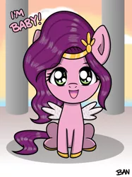 Size: 1379x1839 | Tagged: safe, artist:banquo0, derpibooru import, pipp petals, pegasus, my little pony: a new generation, spoiler:my little pony: a new generation, adorapipp, chibi, cute, female, g5, image, jpeg, open mouth, pippbetes, smol, solo, spread wings, text, wings