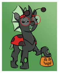 Size: 1504x1860 | Tagged: safe, artist:heretichesh, derpibooru import, oc, unofficial characters only, changeling, insect, ladybug, changeling oc, clothes, costume, cute, cuteling, eyes closed, glasses, gradient background, halloween, halloween costume, holiday, image, jpeg, open mouth, open smile, pumpkin bucket, smiling, solo