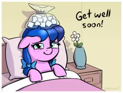 Size: 1752x1332 | Tagged: safe, artist:heretichesh, derpibooru import, oc, oc:angel blossom, unofficial characters only, earth pony, pony, bed, female, filly, floppy ears, freckles, get well soon, ice pack, image, jpeg, looking at you, sheet, sick, smiling, smiling at you, solo
