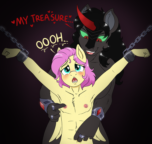 Size: 1070x1013 | Tagged: questionable, artist:caroo, derpibooru import, fluttershy, king sombra, anthro, original species, abs, belly button, blushing, bondage, butterscotch, chest fluff, female, femdom, image, jewelry, lidded eyes, male, male nipples, moaning, nipples, nudity, open mouth, png, queen umbra, ring, rule 63, shackles, shipping, sombrashy, straight, teasing, umbra pony, umbrascotch