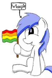 Size: 900x1329 | Tagged: safe, artist:scootaloormayfly, derpibooru import, oc, oc:blue beryl, blue hair, colored, digital art, image, jpeg, pride flag, solo, speech bubble, text, white fur