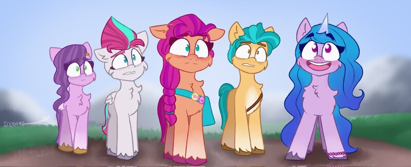 Size: 2048x834 | Tagged: safe, artist:artsta_suprema, derpibooru import, hitch trailblazer, izzy moonbow, pipp petals, sunny starscout, zipp storm, earth pony, pegasus, unicorn, my little pony: a new generation, spoiler:my little pony: a new generation, chest fluff, g5, image, jpeg, mane five (g5), nervous, open mouth, scene interpretation, smiling