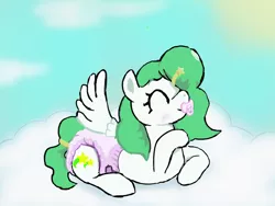 Size: 800x600 | Tagged: suggestive, artist:duckchip, derpibooru import, oc, oc:spring starstripe, pegasus, pony, accessories, cloud, cloudy, comfy, diaper, diaper fetish, experimental style, fetish, happy, image, pacifier, png, solo, spread wings, stars, sun, warm, wings