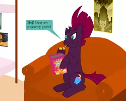 Size: 1280x1024 | Tagged: safe, artist:hakar-kerarmor, derpibooru import, tempest shadow, pony, unicorn, my little pony: a new generation, spoiler:my little pony: a new generation, aweeg*, cereal, cereal box, couch, eating, female, food, g5, grinded pony hooves, image, mare, png, sitting, solo