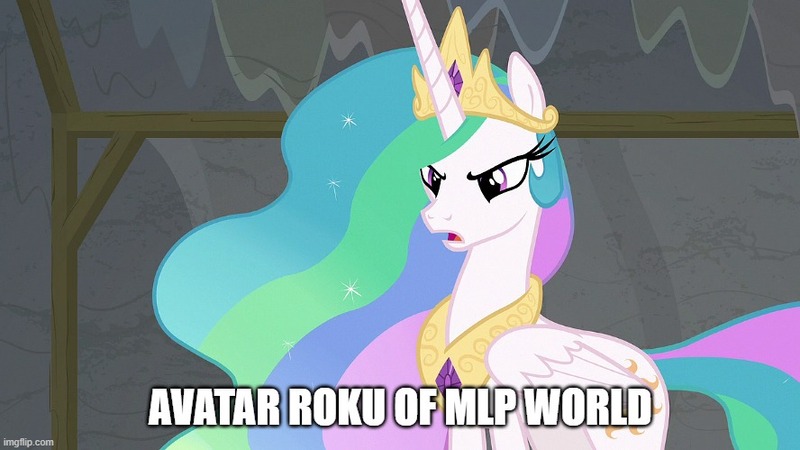 Size: 888x499 | Tagged: safe, derpibooru import, edit, edited screencap, screencap, princess celestia, alicorn, pony, horse play, avatar roku, avatar the last airbender, crown, ethereal mane, female, image, jewelry, jpeg, mare, meme, regalia, solo, text, wavy mane