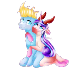 Size: 2004x1916 | Tagged: safe, artist:fantisai, derpibooru import, oc, unofficial characters only, earth pony, pony, unicorn, duo, earth pony oc, female, horn, hug, hug from behind, image, kneeling, male, mare, png, simple background, sitting, smiling, stallion, transparent background, unicorn oc