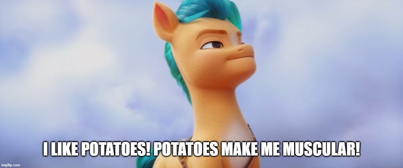 Size: 1200x500 | Tagged: safe, derpibooru import, edit, edited screencap, screencap, hitch trailblazer, my little pony: a new generation, spoiler:my little pony: a new generation, food, g5, image, jpeg, male, meme, potato, solo, text