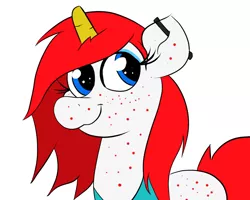 Size: 1280x1024 | Tagged: safe, artist:tranzmuteproductions, derpibooru import, oc, oc:red note, unofficial characters only, pony, unicorn, bust, ear piercing, eyelashes, female, freckles, horn, image, mare, piercing, png, simple background, smiling, solo, unicorn oc, white background