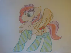 Size: 2828x2121 | Tagged: safe, artist:littlelifedoodles, derpibooru import, oc, pegasus, pony, chest fluff, clothes, eyelashes, female, image, jpeg, mare, pegasus oc, raised hoof, socks, solo, striped socks, traditional art, wings