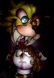 Size: 775x1105 | Tagged: semi-grimdark, artist:millefaller, derpibooru import, oc, unofficial characters only, earth pony, pony, animatronic, blood, clothes, drool, duo, earth pony oc, fangs, female, five nights at freddy's, floppy ears, golden freddy, image, looking up, mare, png, scared, scarf, signature, smiling