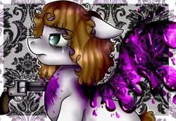 Size: 1280x881 | Tagged: semi-grimdark, artist:millefaller, derpibooru import, oc, unofficial characters only, earth pony, pony, abstract background, bags under eyes, crying, earth pony oc, female, floppy ears, frown, gun, image, jpeg, mare, paint, sad, signature, solo, suicide, weapon, wings