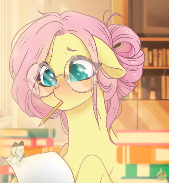 Size: 1559x1683 | Tagged: safe, artist:jvartes6112, derpibooru import, fluttershy, butterfly, insect, pegasus, pony, alternate hairstyle, blushing, book, bust, cute, female, floppy ears, glasses, image, indoors, mare, meganekko, mouth hold, png, shyabetes, solo