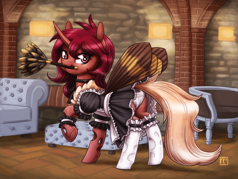 Size: 2700x2029 | Tagged: safe, artist:king-kakapo, derpibooru import, oc, oc:flechette, unofficial characters only, changeling, insect, moth, mothling, original species, pony, clothes, duster, image, maid, panties, png, red changeling, solo, species swap, underwear