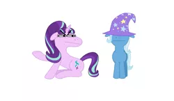 Size: 2581x1496 | Tagged: safe, artist:wolvinof, derpibooru import, starlight glimmer, trixie, pony, unicorn, angry, annoyed, blank expression, clothes, cutie mark, deltarune, hat, hidden eyes, image, meme, png, simple background, stare, trixie's hat