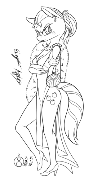 Size: 658x1200 | Tagged: suggestive, artist:sepiakeys, derpibooru import, applejack, anthro, applejack also dresses in style, clothes, dress, female, image, jewelry, monochrome, necklace, pearl necklace, png, side slit, solo, solo female, traditional art