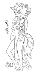 Size: 658x1200 | Tagged: suggestive, artist:sepiakeys, derpibooru import, applejack, anthro, applejack also dresses in style, clothes, dress, female, image, jewelry, monochrome, necklace, pearl necklace, png, side slit, solo, solo female, traditional art