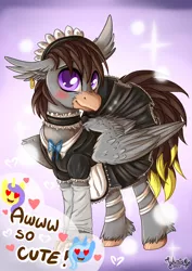 Size: 1920x2716 | Tagged: safe, artist:julunis14, derpibooru import, oc, oc:glacandra, oc:luxor, oc:tulipan, classical hippogriff, hippogriff, blushing, clothes, costume, ear piercing, earring, emoji, girly, heart eyes, image, jewelry, jpeg, looking at you, maid, male, offscreen character, piercing, simple background, text, unshorn fetlocks, wingding eyes