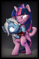 Size: 3600x5400 | Tagged: semi-grimdark, artist:equestria-prevails, artist:imafutureguitarhero, derpibooru import, sci-twi, trixie, twilight sparkle, twilight sparkle (alicorn), alicorn, pony, unicorn, 3d, absurd resolution, adaptation, alien (franchise), arm fluff, bipedal, blood, blood on face, blood stains, border, cheek fluff, chestburster, chromatic aberration, colored eyebrows, colored eyelashes, duo, ear fluff, ear freckles, ear piercing, earring, faic, female, film grain, floppy ears, fluffy, folded wings, freckles, frown, fur, glare, hoof fluff, horn, image, inconvenient trixie, jewelry, jpeg, leg fluff, mare, multicolored hair, multicolored mane, multicolored tail, nose wrinkle, piercing, recursive fanart, revamped ponies, scitwilicorn, scrunchy face, signature, source filmmaker, tail, unamused, vertical, wall of tags, wide eyes, wings