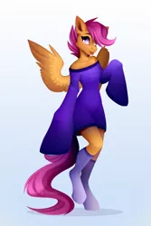 Size: 4724x7087 | Tagged: safe, artist:buvanybu, derpibooru import, scootaloo, anthro, pegasus, pony, unguligrade anthro, clothes, dress, image, png, solo, tongue out