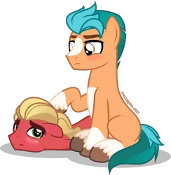 Size: 1090x1117 | Tagged: safe, artist:stellardusk, derpibooru import, hitch trailblazer, sprout cloverleaf, earth pony, pony, my little pony: a new generation, spoiler:g5, spoiler:my little pony: a new generation, blushing, g5, gay, hitchsprout, image, lying down, male, png, puppy dog eyes, shipping, simple background, sitting