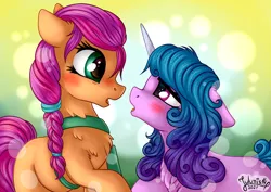 Size: 4093x2894 | Tagged: safe, artist:julunis14, derpibooru import, izzy moonbow, sunny starscout, earth pony, pony, unicorn, my little pony: a new generation, spoiler:g5, spoiler:my little pony: a new generation, blushing, braid, eye contact, female, g5, image, looking at each other, png, raised hoof, scene interpretation, shipping, signature