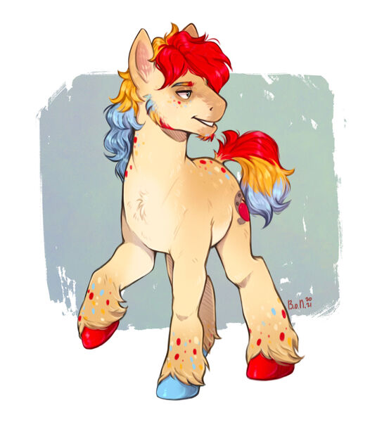 Size: 1920x2082 | Tagged: safe, artist:birdoffnorth, derpibooru import, oc, oc:hill sprint, unofficial characters only, earth pony, pony, coat markings, commission, image, jpeg, magical lesbian spawn, male, multicolored hooves, offspring, parent:applejack, parent:rainbow dash, parents:appledash, solo, stallion, unshorn fetlocks