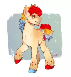 Size: 1920x2082 | Tagged: safe, artist:birdoffnorth, derpibooru import, oc, oc:hill sprint, unofficial characters only, earth pony, pony, coat markings, commission, image, jpeg, magical lesbian spawn, male, multicolored hooves, offspring, parent:applejack, parent:rainbow dash, parents:appledash, solo, stallion, unshorn fetlocks