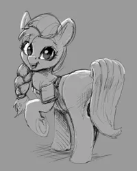 Size: 725x904 | Tagged: safe, artist:xbi, derpibooru import, sunny starscout, earth pony, pony, bag, bridle, female, g5, gray background, grayscale, image, looking at you, looking back, mare, monochrome, png, simple background, solo, tack