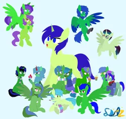 Size: 9422x8905 | Tagged: safe, artist:samsailz, derpibooru import, oc, oc:alope ruby aspendale, oc:kosmos, oc:lex rudera, oc:omega(omegacreeper), oc:raulix evergreen, earth pony, kirin, pegasus, pony, unicorn, :o, :p, carrying, clone, cute, fire, flying, green coat, image, multeity, multiple oc, open mouth, png, tongue out, wings